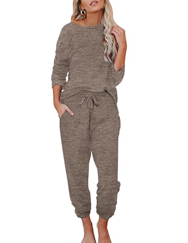 Ekouaer Damen Schlafanzug Lang Weich Pyjama Set mit Taschen Zweiteiler Sleepwear Winter Hausanzug Heller Kaffee XXL von Ekouaer