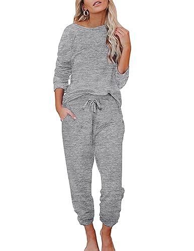 Ekouaer Damen Schlafanzug Lang Weich Pyjama Set mit Taschen Zweiteiler Sleepwear Winter Hausanzug Hellgrau S von Ekouaer
