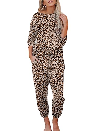 Ekouaer Damen Schlafanzug Lang Weich Pyjama Set mit Taschen Zweiteiler Sleepwear Winter Hausanzug Leopard XXL von Ekouaer