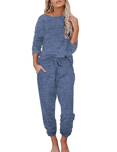 Ekouaer Damen Schlafanzug Lang Weich Pyjama Set mit Taschen Zweiteiler Sleepwear Winter Hausanzug Marineblau L von Ekouaer
