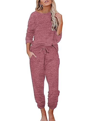 Ekouaer Damen Schlafanzug Lang Weich Pyjama Set mit Taschen Zweiteiler Sleepwear Winter Hausanzug Rot S von Ekouaer
