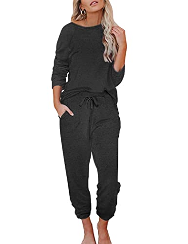 Ekouaer Damen Schlafanzug Lang Weich Pyjama Set mit Taschen Zweiteiler Sleepwear Winter Hausanzug Schwarz M von Ekouaer