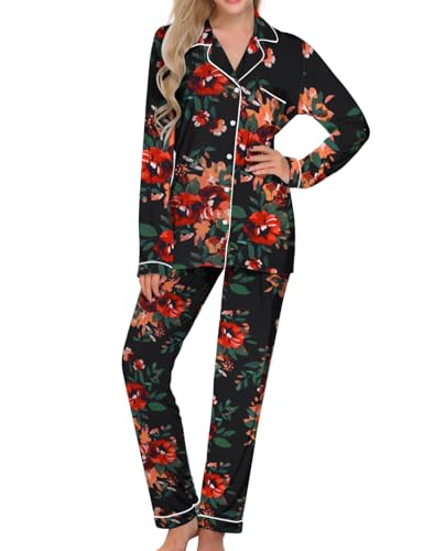 Ekouaer Damen Schlafanzug Lang Zweiteiliger Pyjama Set Hausanzug Sleepwear Nachtwäsche Schwarz Blume XXL von Ekouaer