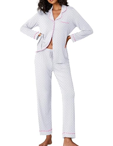 Ekouaer Damen Schlafanzug Lang Zweiteiliger Pyjama Set Hausanzug Sleepwear Nachtwäsche Weiß S von Ekouaer