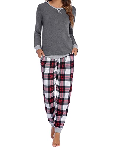 Ekouaer Damen Schlafanzug Lang Zweiteiliger Pyjama Set Rundhals Hausanzug Sleepwear Nachtwäsche Oberteil und Hose,Grau,L von Ekouaer