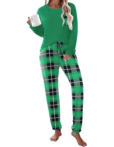 Ekouaer Damen Schlafanzug Lang Zweiteiliger Pyjama Set Rundhals Hausanzug Sleepwear Nachtwäsche Oberteil und Hose Damenschlafanzug Langarm Grün M von Ekouaer