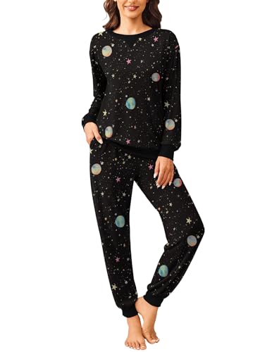 Ekouaer Damen Schlafanzug Lang Zweiteiliger Star Schlafanzug Winter Pyjama Set Rundhals Langarm Loungewear Winter Schwarz L von Ekouaer