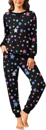 Ekouaer Damen Schlafanzug Lang Zweiteiliger Star Schlafanzug Winter Pyjama Set Rundhals Langarm Loungewear Winter Schwarz XL von Ekouaer