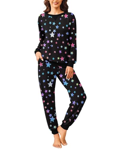 Ekouaer Damen Schlafanzug Lang Zweiteiliger Star Schlafanzug Winter Pyjama Set Rundhals Langarm Loungewear Winter Schwarz XXL von Ekouaer