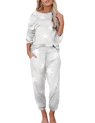 Ekouaer Damen Schlafanzug Lang mit Bündchen Zweiteiliger Pyjama Set Hausanzug Sleepwear Nachtwäsche 2 Teiliges Set 100% Baumwolle Pyjama Damen, Sterne M von Ekouaer