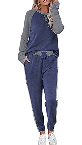 Ekouaer Damen Schlafanzug Langarm Loungewear Zweiteiliger Pyjama Set Winter Nachtwäsche mit Taschen Marineblau S von Ekouaer