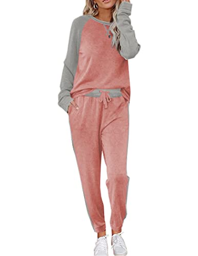 Ekouaer Damen Schlafanzug Langarm Loungewear Zweiteiliger Pyjama Set Winter Nachtwäsche mit Taschen Rosa XL von Ekouaer