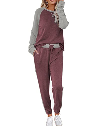 Ekouaer Damen Schlafanzug Langarm Loungewear Zweiteiliger Pyjama Set Winter Nachtwäsche mit Taschen Rot XXL von Ekouaer