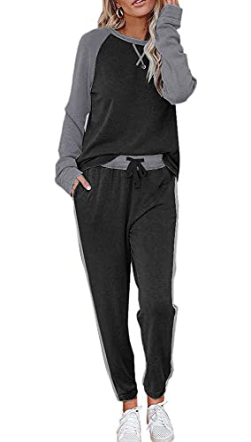 Ekouaer Damen Schlafanzug Langarm Loungewear Zweiteiliger Pyjama Set Winter Nachtwäsche mit Taschen Schwarz XXL von Ekouaer