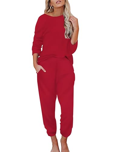 Ekouaer Damen Schlafanzug Langarm Nachtwäsche Pyjamas Set Damen Schlafanzug Lang Baumwolle Zweiteiliger Hausanzug PJs Weihnachtsschlafanzüge, Rot L von Ekouaer