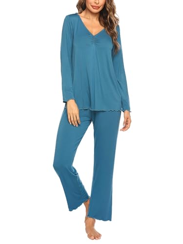 Ekouaer Damen Schlafanzug Langarm Pyjama Set Kurzarm Nachtwäsche V-Ausschnitt Zweiteiliger Blaugrün XL von Ekouaer