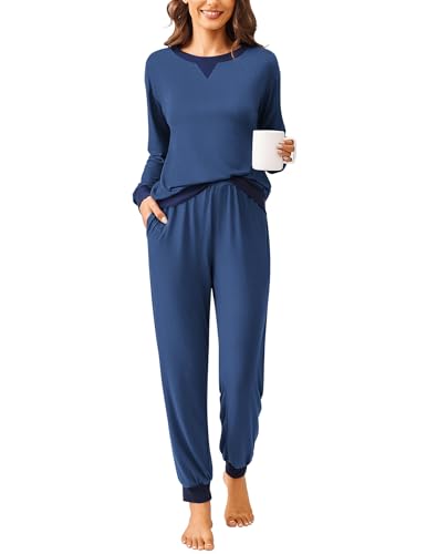 Ekouaer Damen Schlafanzug Langarm Pyjama Set Lang Nachtwäsche Rundhals Star Zweiteiliger Weich blau S von Ekouaer