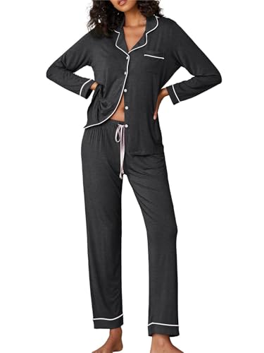 Ekouaer Damen Schlafanzug Langarm Pyjama Set Lang Nachtwäsche Zweiteiliger Weich Sleepwear Grau S von Ekouaer