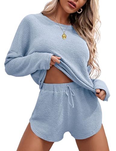 Ekouaer Damen Schlafanzug Langarm Pyjama Set Waffelstrick Baumwoll Schlafanzug Damen Kurz Nachtwäsche Rundhals Oberteil Und Pyjamahose, Blau L von Ekouaer