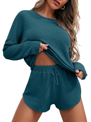 Ekouaer Damen Schlafanzug Langarm Pyjama Set Waffelstrick Nachtwäsche Rundhals Oberteil Und Pyjamahose Frauen Pyjama Damen Schlafanzug Winter, Blaugrün XL von Ekouaer