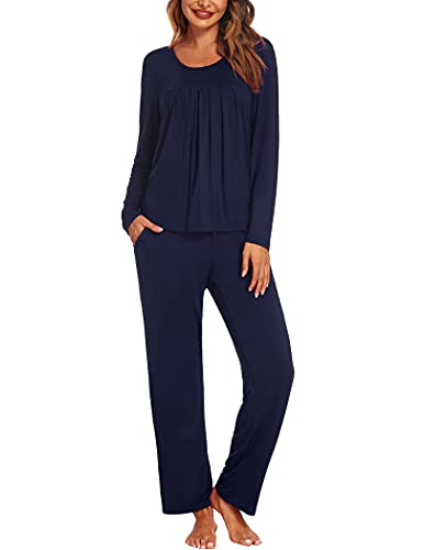 Ekouaer Pyjama Damen Lang Schlafanzug Langarm Zweiteiler Nachtwäsche Warm Loungewear Hausanzug Winter, Navyblau, M von Ekouaer