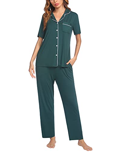 Ekouaer Damen Schlafanzug Long Pyjama Set Kurzarm und Lange Hose Hausanzug Lounge Set Knopf Nachtwäsche Damen, Grün, XL von Ekouaer