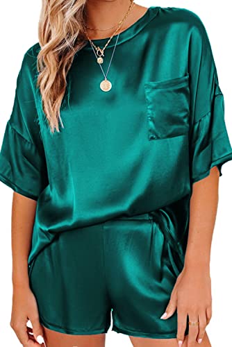 Ekouaer Satin Pyjama Damen Schlafanzug Tops Satin Nachtwäsche Set Lose Schlafset Top und Shorty Loungewear mit Tasche,Dunkelgrün,S von Ekouaer