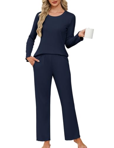 Ekouaer Damen Schlafanzug Pyjama Set Rundhals Lang Nachtwäsche mit Rüschen Zweiteiliger Weich, Dunkelblau, S von Ekouaer