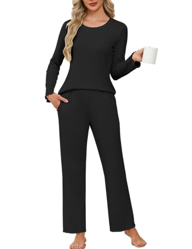 Ekouaer Damen Schlafanzug Pyjama Set Rundhals Lang Nachtwäsche mit Rüschen Zweiteiliger Weich, Schwarz, L von Ekouaer