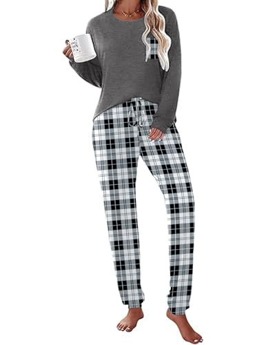 Ekouaer Damen Schlafanzug Pyjama Set mit Taschen Zweiteiler Pyjama Lang Hose Freizeitanzug Winter Hausanzug Langarm, Schwarz-Kariert, XL von Ekouaer