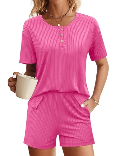 Ekouaer Pyjama Damen Shorty Pyjama Kurz Elastischer Bund Pyjamahose und Shirt Nachtwäsche, Rosa, L von Ekouaer