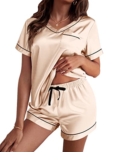 Ekouaer Damen Schlafanzug Satin Pyjama Set mit Taschen Zweiteiler Pyjama Kurzhose Freizeitanzug Sommer Hausanzug Kurzarm, Champagner, XL von Ekouaer