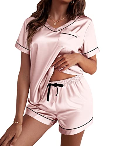 Ekouaer Damen Schlafanzug Satin Pyjama Set mit Taschen Zweiteiler Pyjama Kurzhose Freizeitanzug Sommer Hausanzug Kurzarm, Hellrosa, XL von Ekouaer