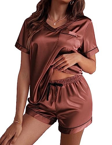 Ekouaer Damen Schlafanzug Satin Pyjama Set mit Taschen Zweiteiler Pyjama Kurzhose Freizeitanzug Sommer Hausanzug Kurzarm, Karamell, XL von Ekouaer