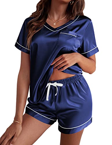 Ekouaer Damen Schlafanzug Satin Pyjama Set mit Taschen Zweiteiler Pyjama Kurzhose Freizeitanzug Sommer Hausanzug Kurzarm, Navyblau, XL von Ekouaer