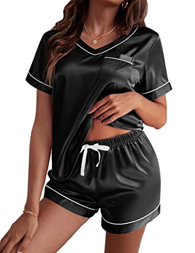 Ekouaer Damen Schlafanzug Satin Pyjama Set mit Taschen Zweiteiler Pyjama Kurzhose Freizeitanzug Sommer Hausanzug Kurzarm, Schwarz, XL von Ekouaer