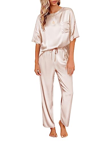 Ekouaer Damen Schlafanzug Satin Pyjama Set mit Taschen Zweiteiler Pyjama Lang Hose Freizeitanzug Sommer Seidenpyjama Hausanzug Kurzarm lang, Champagner, XL von Ekouaer