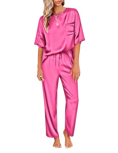 Ekouaer Damen Schlafanzug Satin Pyjama Set mit Taschen Zweiteiler Pyjama Lang Hose Freizeitanzug Sommer Hausanzug Kurzarm lang, Fuchsia, XL von Ekouaer