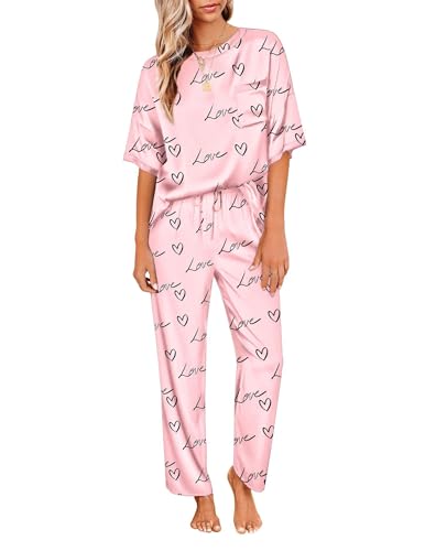 Ekouaer Damen Schlafanzug Satin Pyjama Set mit Taschen Zweiteiler Pyjama Lang Hose Freizeitanzug Sommer Hausanzug Kurzarm lang, Herz, XL von Ekouaer