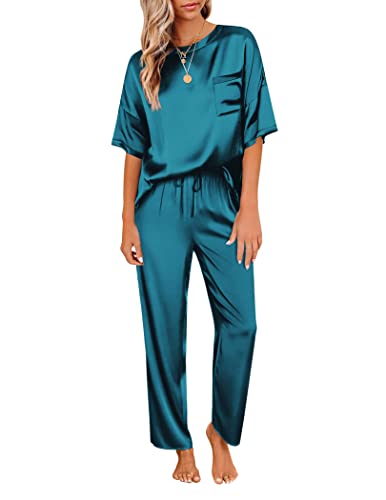 Ekouaer Damen Schlafanzug Satin Pyjama Set mit Taschen Zweiteiler Pyjama Lang Hose Freizeitanzug Sommer Seidenpyjama Hausanzug Kurzarm lang, Pfaublau, XL von Ekouaer