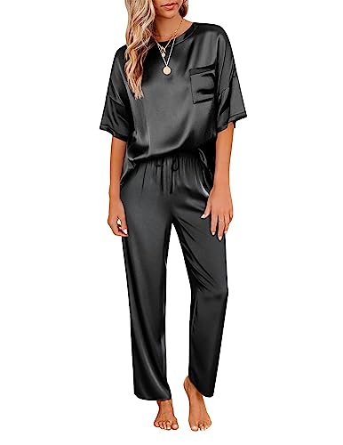 Ekouaer Damen Schlafanzug Satin Pyjama Set mit Taschen Zweiteiler Pyjama Lang Hose Freizeitanzug Sommer Hausanzug Kurzarm lang, Schwarz, XL von Ekouaer