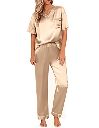 Ekouaer Damen Schlafanzug Satin Pyjama Set mit Taschen Zweiteiler Pyjama Lang Hose Freizeitanzug Sommer Hausanzug Kurzarm lang Champagne XL von Ekouaer