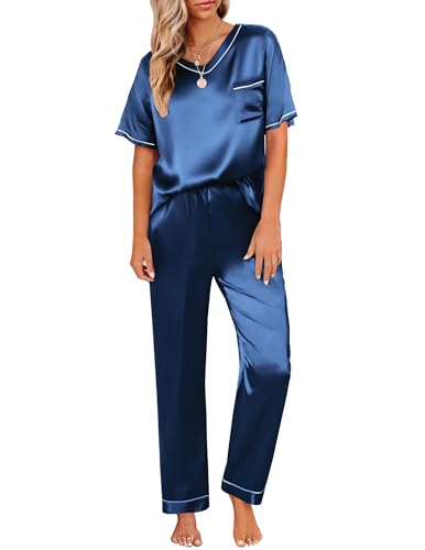 Ekouaer Damen Schlafanzug Satin Pyjama Set mit Taschen Zweiteiler Pyjama Lang Hose Freizeitanzug Sommer Hausanzug Kurzarm lang Navyblau XL von Ekouaer