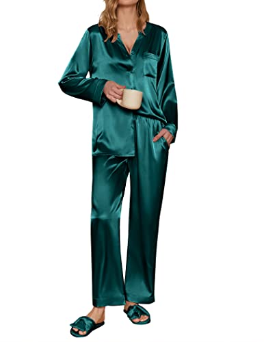 Ekouaer Damen Schlafanzug Satin Pyjama Set mit Taschen Zweiteiler Pyjama Lang Hose Freizeitanzug Winter Hausanzug Langarm lang, Grün, XL von Ekouaer