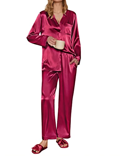 Ekouaer Damen Schlafanzug Satin Pyjama Set mit Taschen Zweiteiler Pyjama Lang Hose Freizeitanzug Winter Hausanzug Langarm lang, Weinrot, XL von Ekouaer