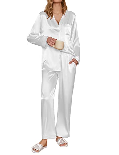 Ekouaer Damen Schlafanzug Satin Pyjama Set mit Taschen Zweiteiler Pyjama Lang Hose Freizeitanzug Winter Hausanzug Langarm lang, Weiß, XL von Ekouaer