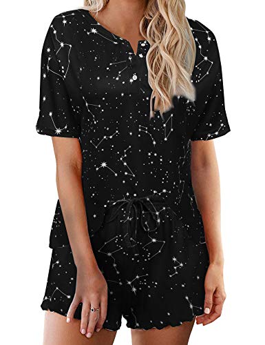 Ekouaer Damen Schlafanzug Schlafanzüge für Damen Loungewear Pyjama Damen Kurz Button Down Superweicher Schlafanzug Kurzarm Pijamas Damen Set Sternenklarer Himmel M von Ekouaer