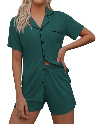 Ekouaer Damen Schlafanzug-Set, kurze Ärmel, Nachtwäsche, mit Knopfleiste, weiche Schlafanzüge, Größe XS - XXL. - Grün - Medium von Ekouaer