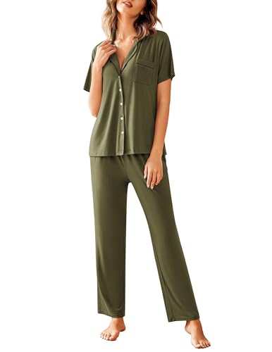 Ekouaer Damen Schlafanzug Set Kurzarm Knopfleiste Zweiteiliger Pyjama Set mit Taschen PJs Nachtwäsche V-Ausschnitt Loungewear, Armeegrün, S von Ekouaer