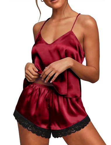 Ekouaer Damen Schlafanzug Set Kurz Sommer Pyjama Kurze Ärmellos Spitze Sexy Sleepwear, Weinrot XXL von Ekouaer